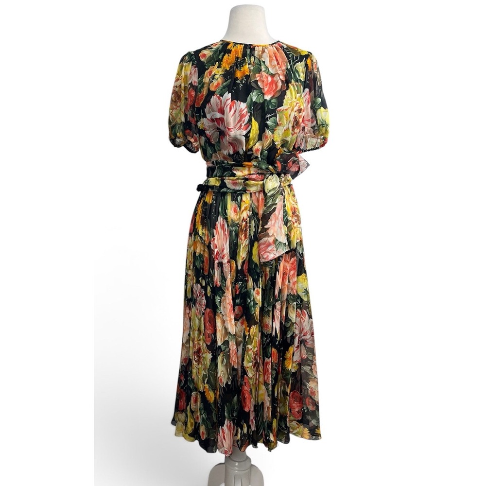 Dolce & Gabbana Silk Floral Bouquet Midi Dress Sheer Sz 48 US 12 Tie Waist